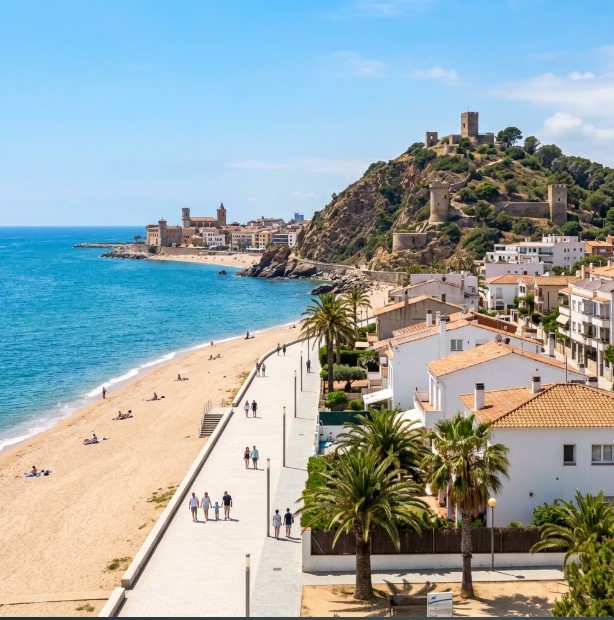 Vistas de las zonas peatonales, playas y el emblemático Turó de Montgat frente al mar